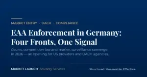 Navy-and-gold cover graphic: "EAA Enforcement in Germany: Four Fronts, One Signal" – subheading on courts, competition law and market surveillance, Market Launch Advisory Services branding.