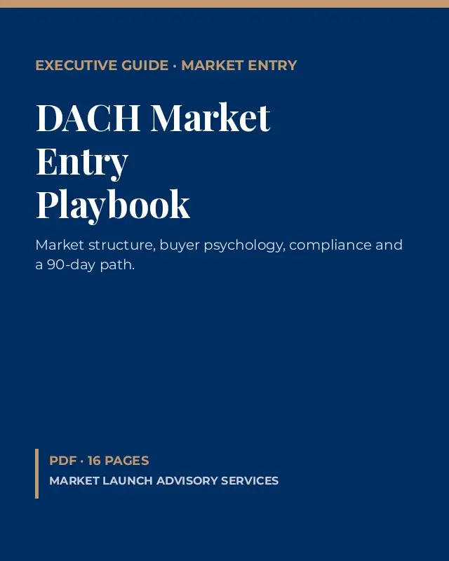 DACH Market Entry Playbook cover, navy and gold executive design