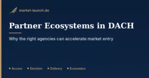 Graphic: Partner ecosystems in DACH. Four criteria for testing agency partnerships: access, decision, delivery, economics.