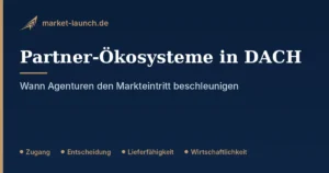 Schaubild: Partner-Ökosysteme in DACH. Vier Prüfkriterien für Agenturpartnerschaften: Zugang, Entscheidung, Lieferfähigkeit, Wirtschaftlichkeit.